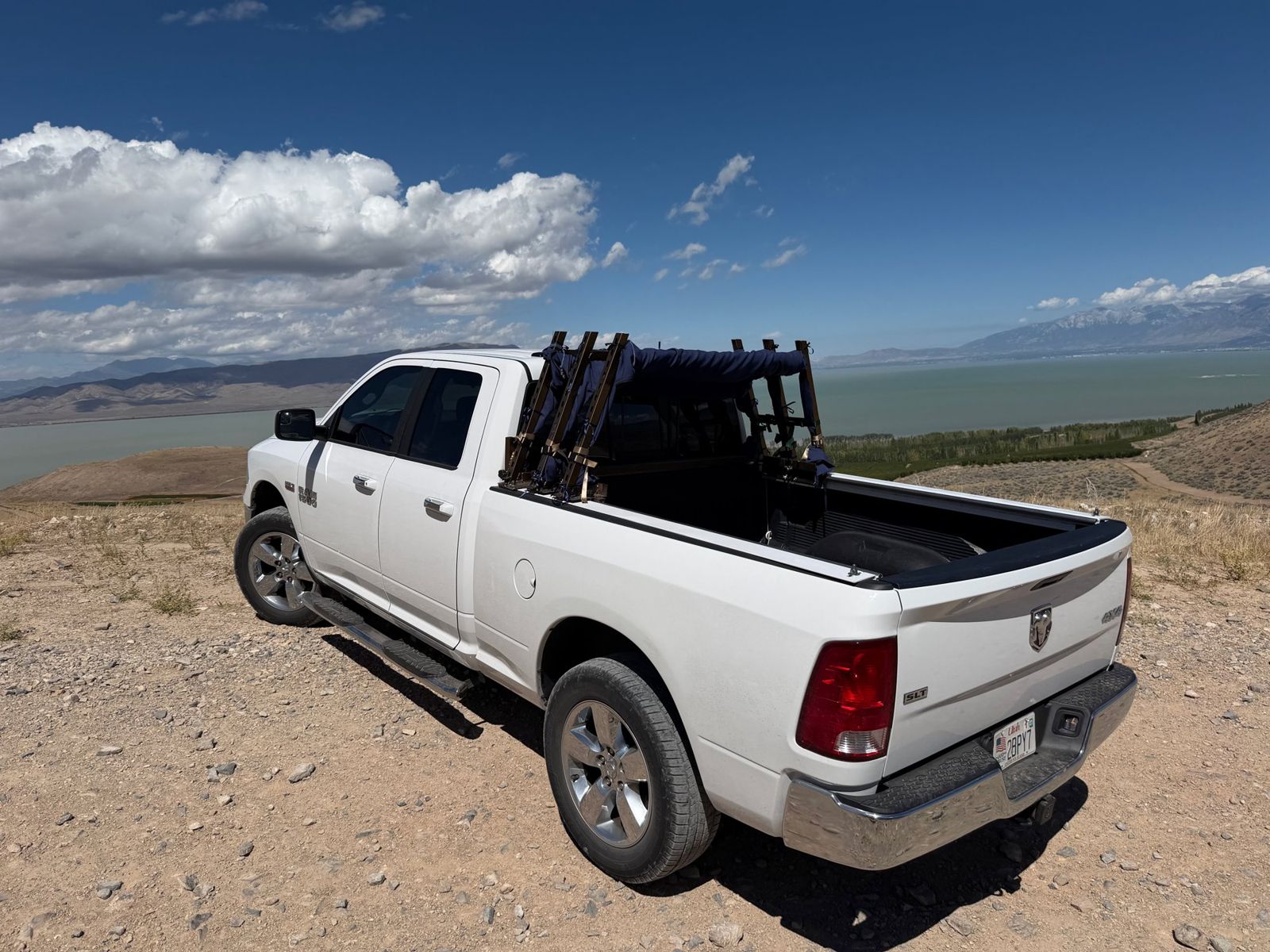 Rack slid forward against the cab, bed fully open